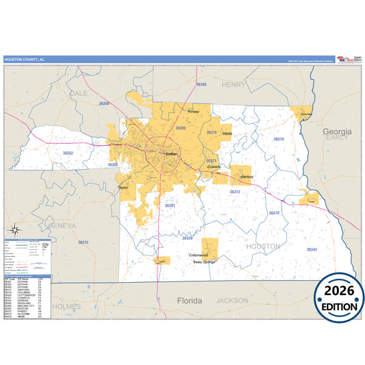 Houston County, AL Business Reference 5 Digit ZIP Code Wall Map