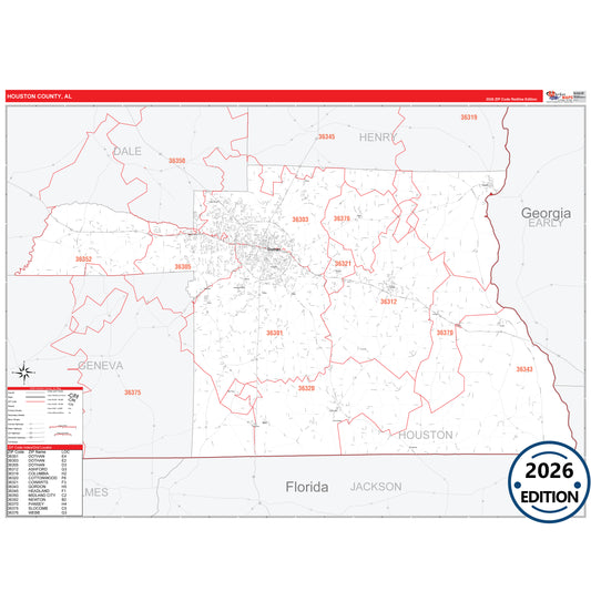 Houston County, AL Red Line 5 Digit ZIP Code Wall Map