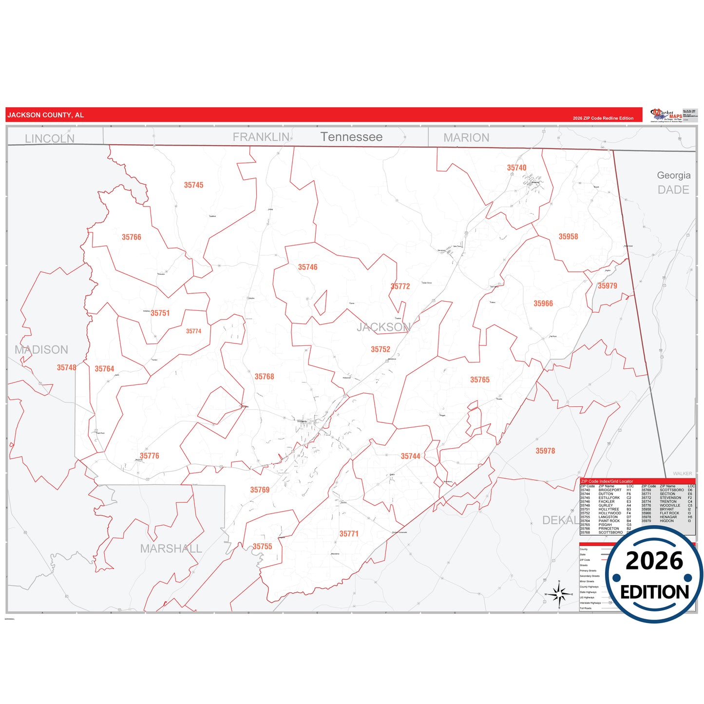 Jackson County, AL Red Line 5 Digit ZIP Code Wall Map