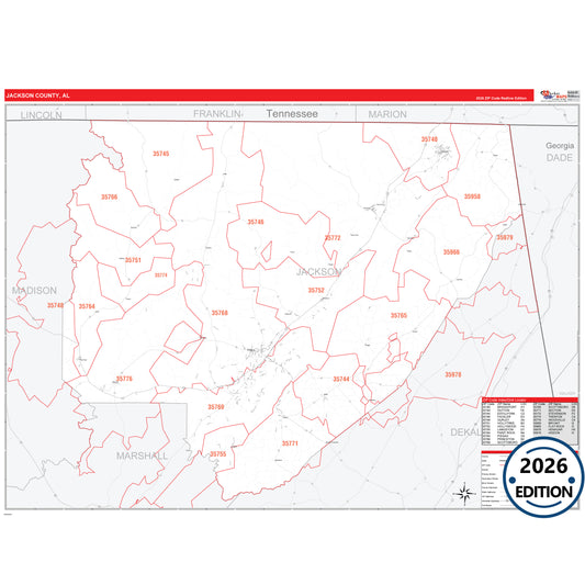 Jackson County, AL Red Line 5 Digit ZIP Code Wall Map