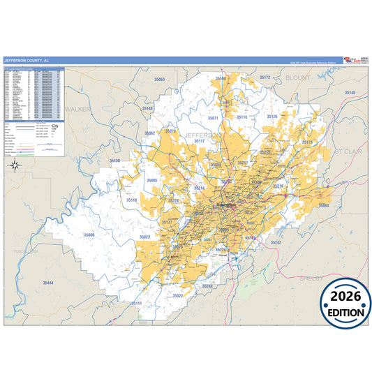 Jefferson County, AL Business Reference 5 Digit ZIP Code Wall Map
