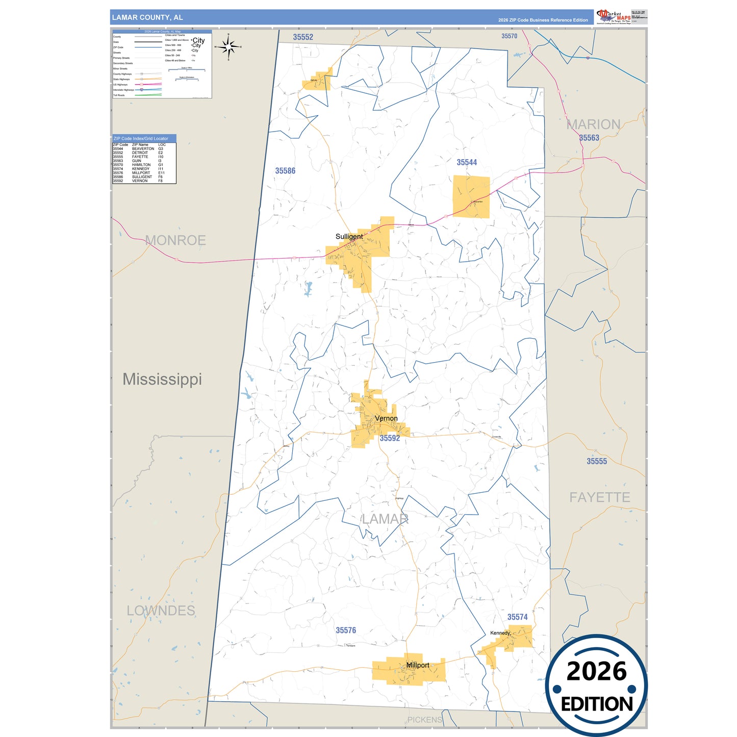 Lamar County, AL Business Reference 5 Digit ZIP Code Wall Map