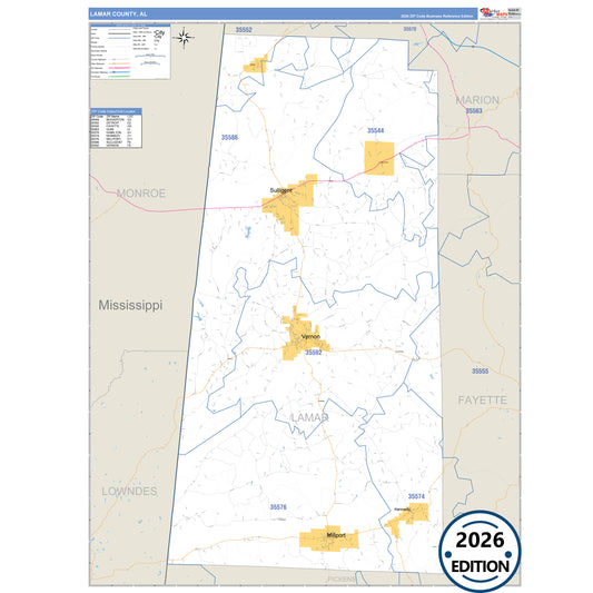 Lamar County, AL Business Reference 5 Digit ZIP Code Wall Map