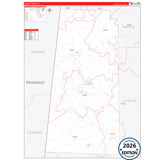 Lamar County, AL Red Line 5 Digit ZIP Code Wall Map