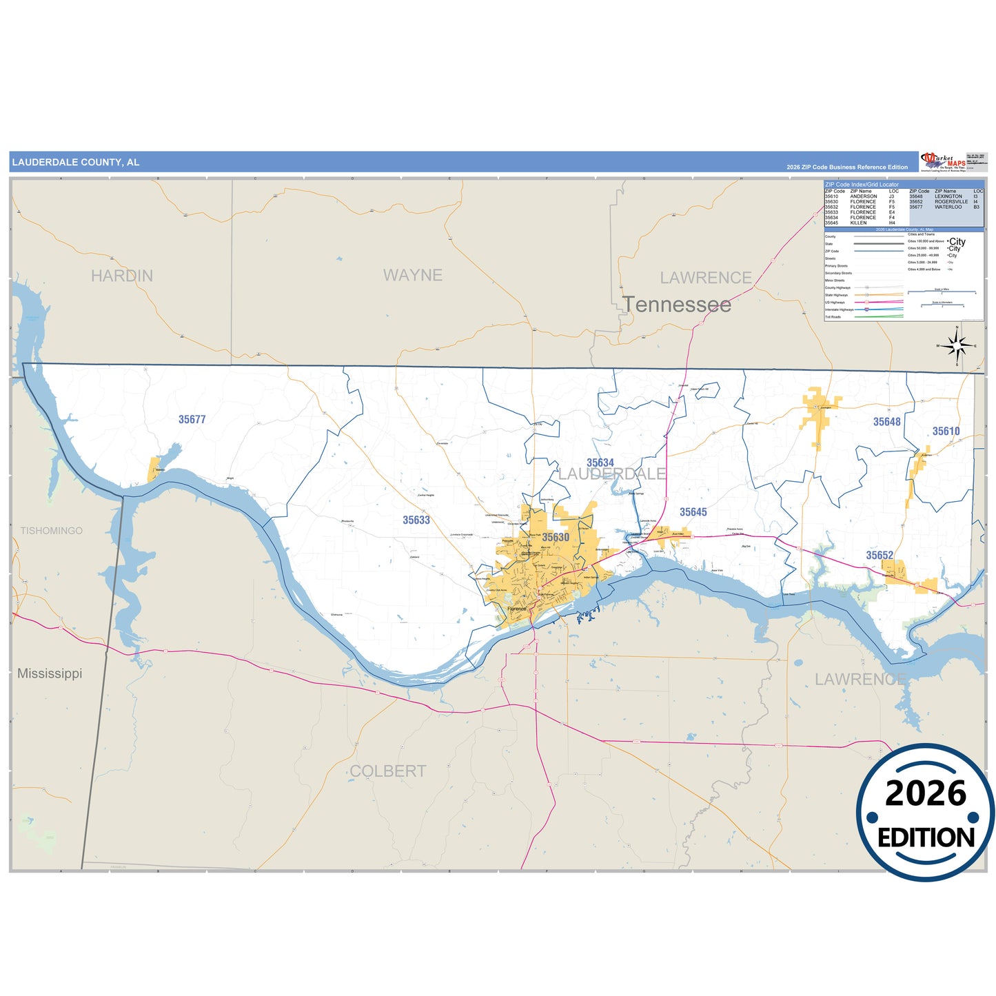 Lauderdale County, AL Business Reference 5 Digit ZIP Code Wall Map