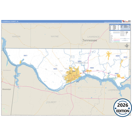 Lauderdale County, AL Business Reference 5 Digit ZIP Code Wall Map