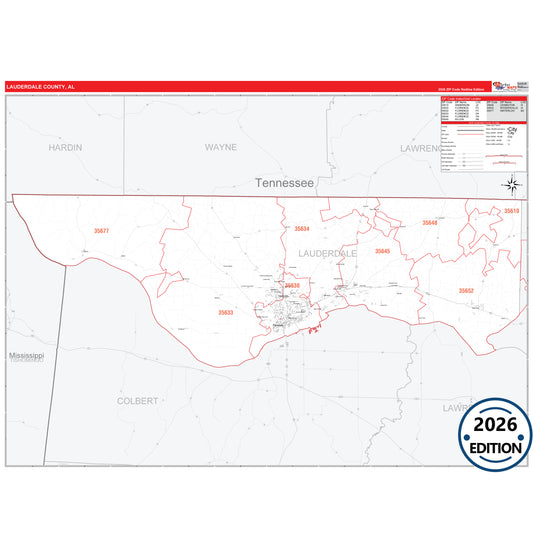 Lauderdale County, AL Red Line 5 Digit ZIP Code Wall Map