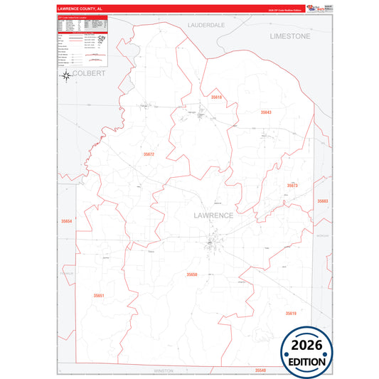 Lawrence County, AL Red Line 5 Digit ZIP Code Wall Map