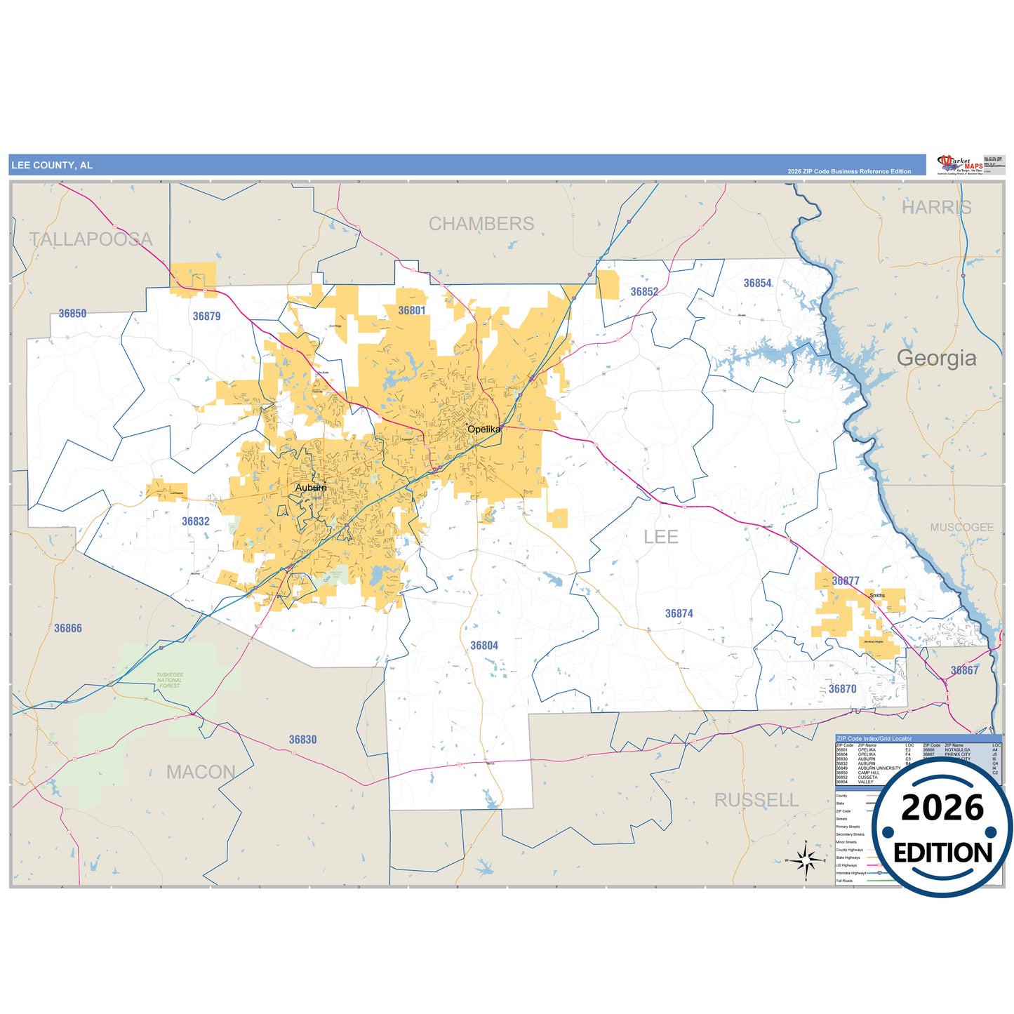 Lee County, AL Business Reference 5 Digit ZIP Code Wall Map