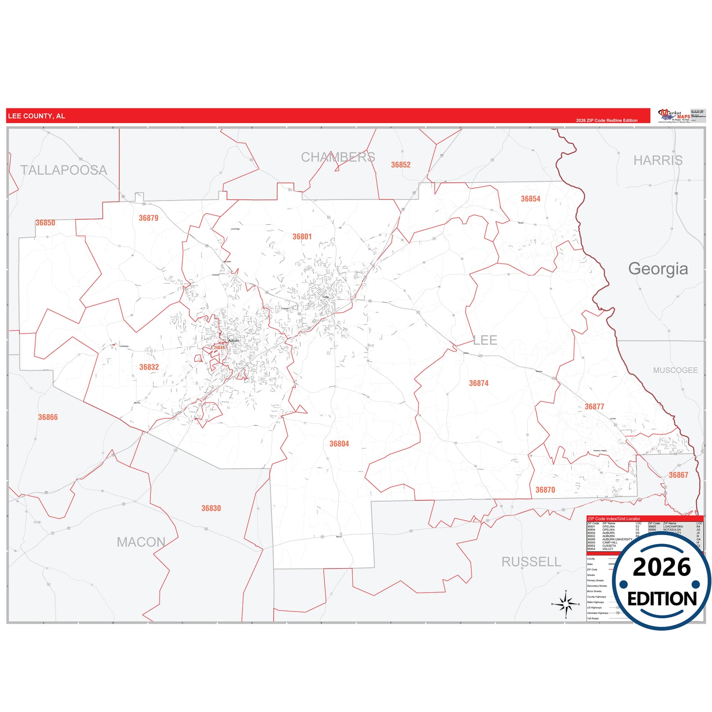 Lee County, AL Red Line 5 Digit ZIP Code Wall Map