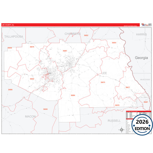 Lee County, AL Red Line 5 Digit ZIP Code Wall Map