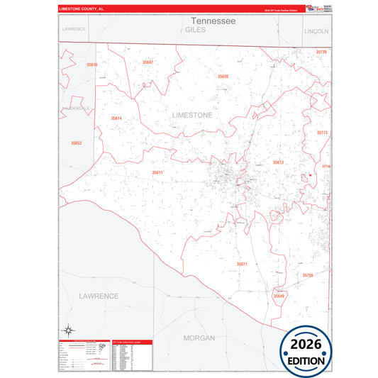 Limestone County, AL Red Line 5 Digit ZIP Code Wall Map