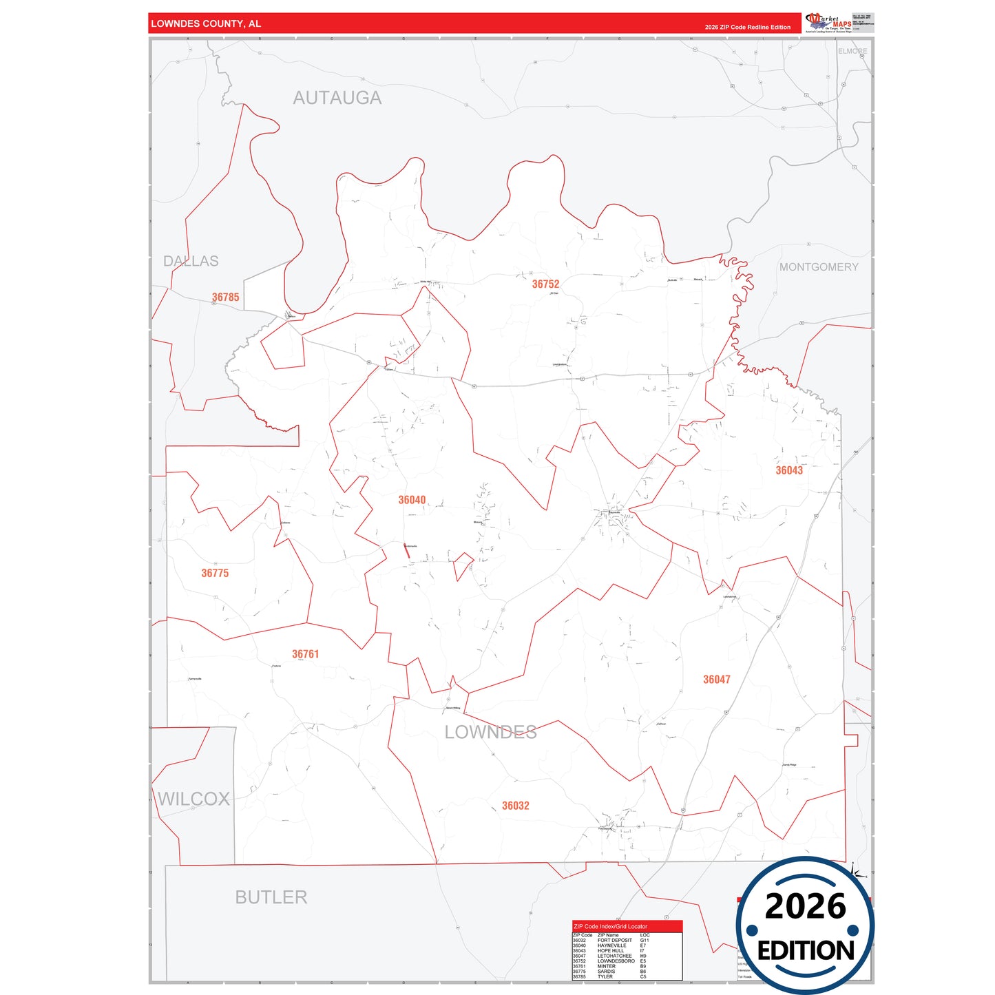 Lowndes County, AL Red Line 5 Digit ZIP Code Wall Map