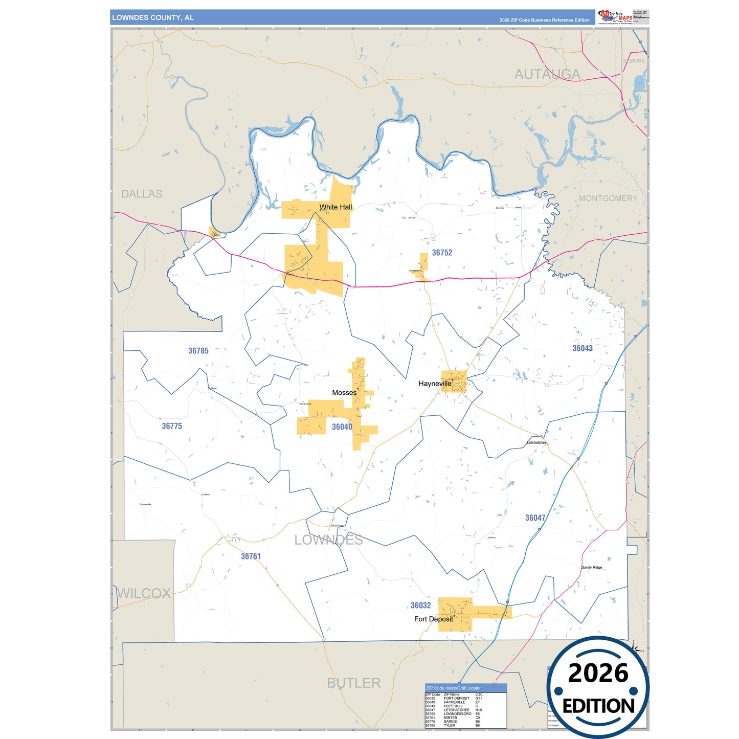 Lowndes County, AL Business Reference 5 Digit ZIP Code Wall Map