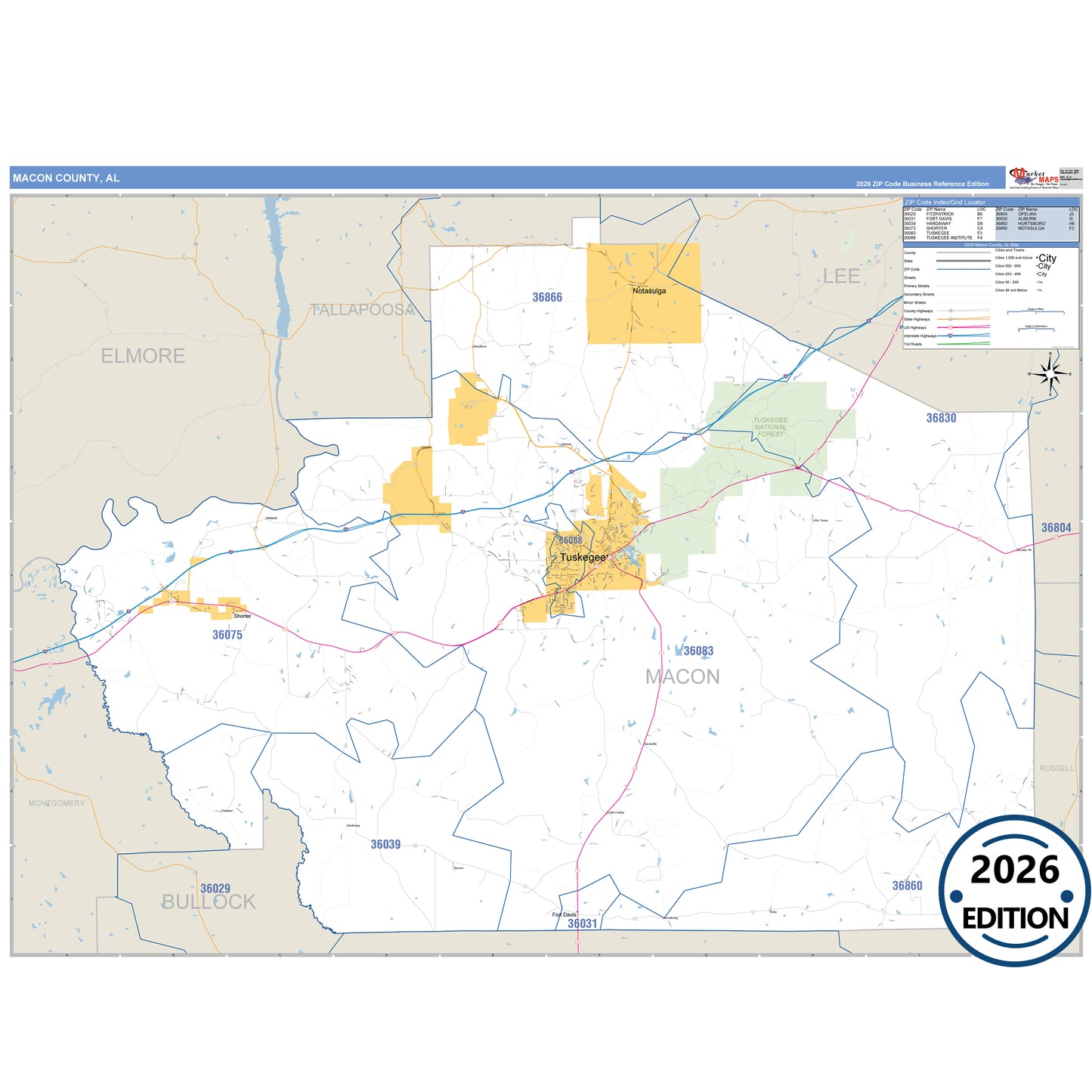Macon County, AL Business Reference 5 Digit ZIP Code Wall Map