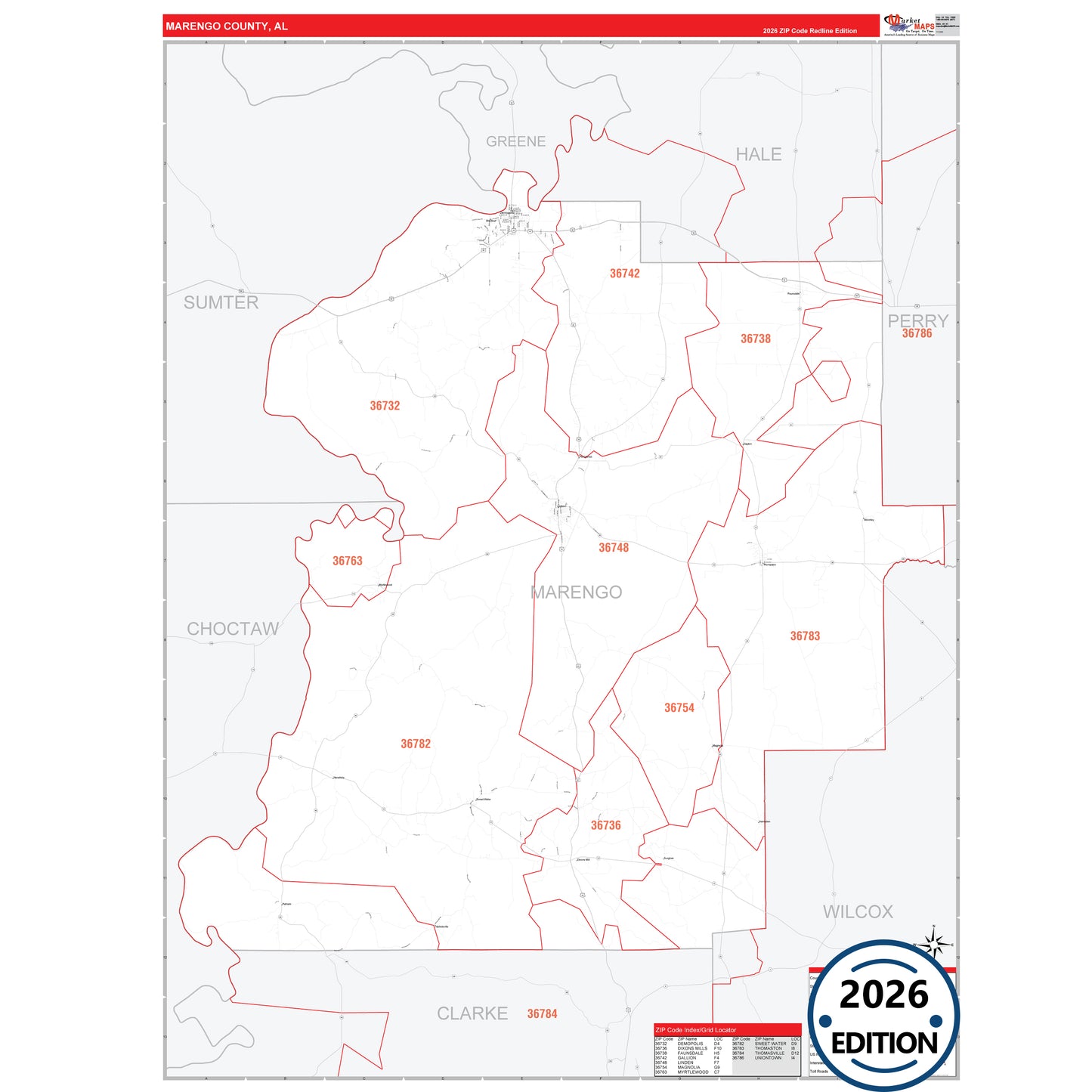 Marengo County, AL Red Line 5 Digit ZIP Code Wall Map
