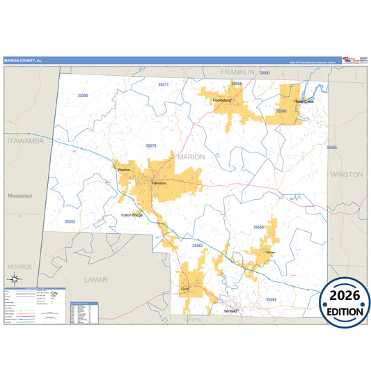 Marion County, AL Business Reference 5 Digit ZIP Code Wall Map