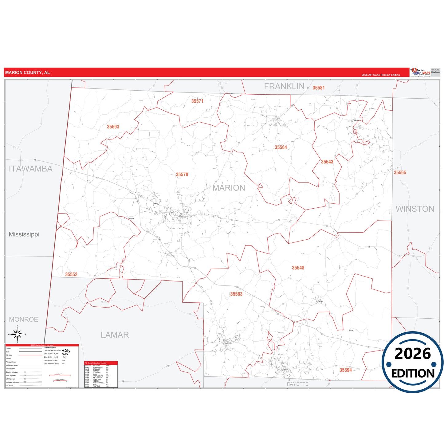 Marion County, AL Red Line 5 Digit ZIP Code Wall Map