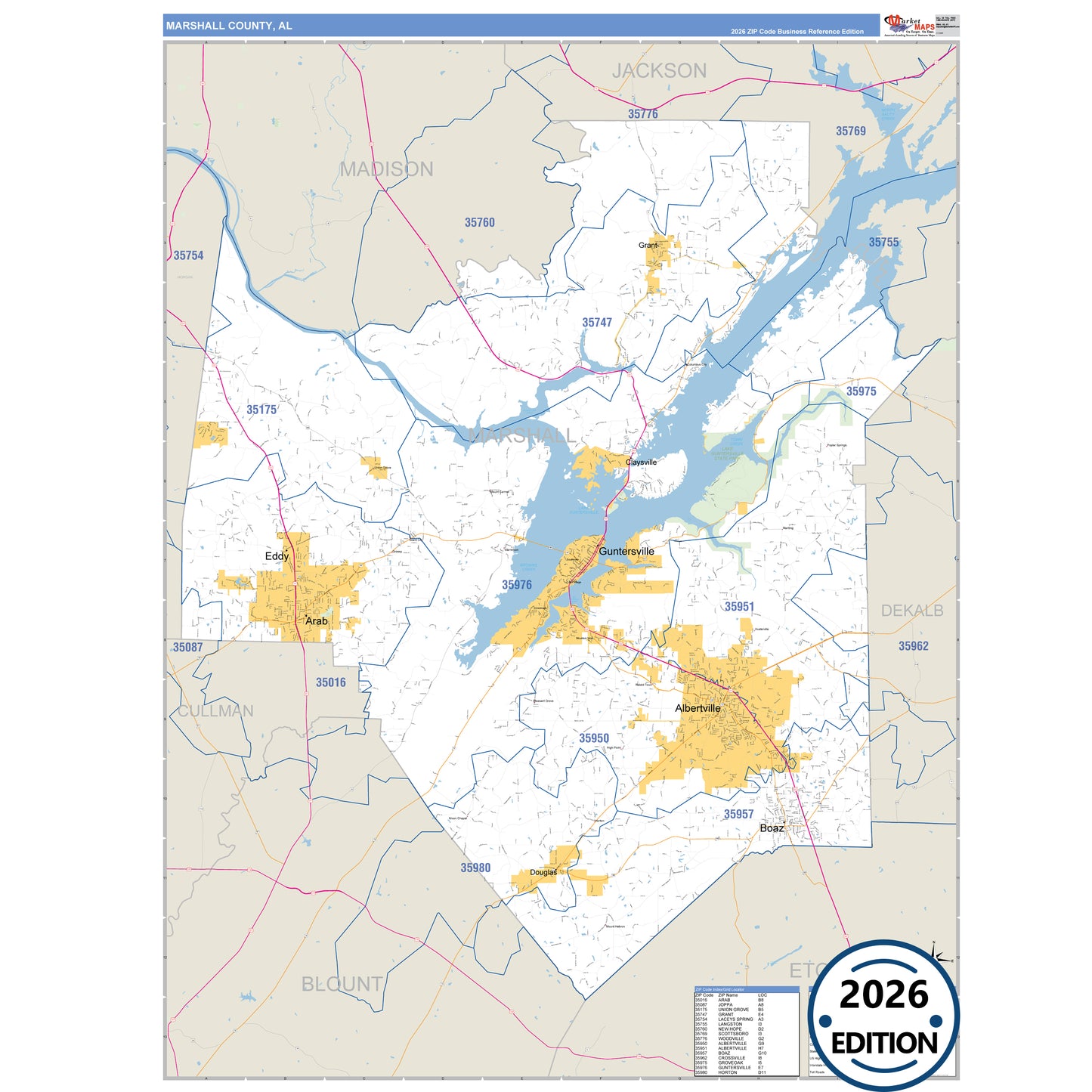 Marshall County, AL Business Reference 5 Digit ZIP Code Wall Map