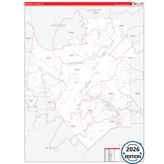 Marshall County, AL Red Line 5 Digit ZIP Code Wall Map