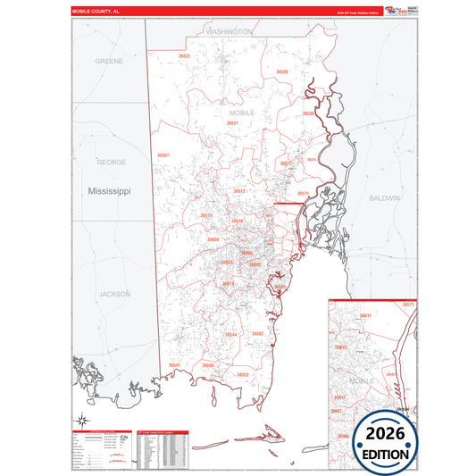 Mobile County, AL Red Line 5 Digit ZIP Code Wall Map