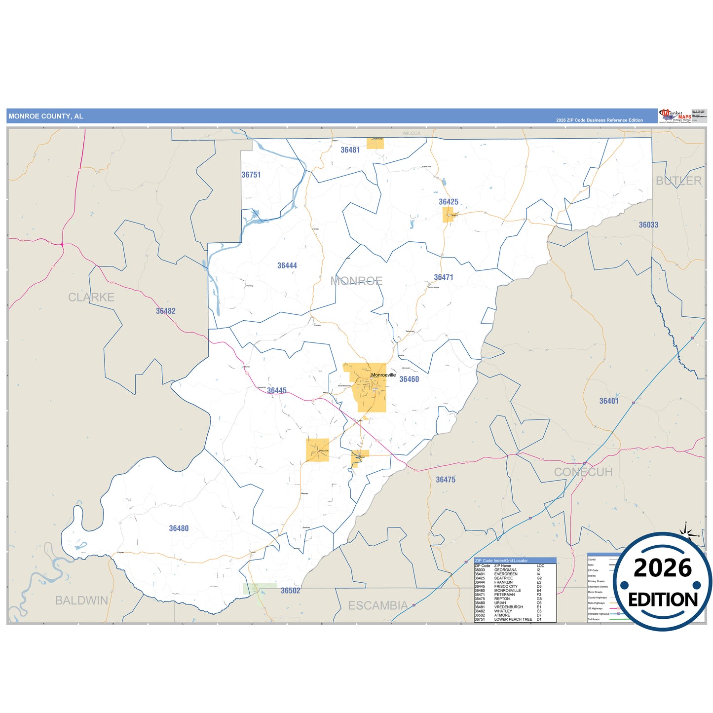 Monroe County, AL Business Reference 5 Digit ZIP Code Wall Map