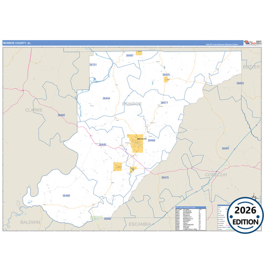 Monroe County, AL Business Reference 5 Digit ZIP Code Wall Map