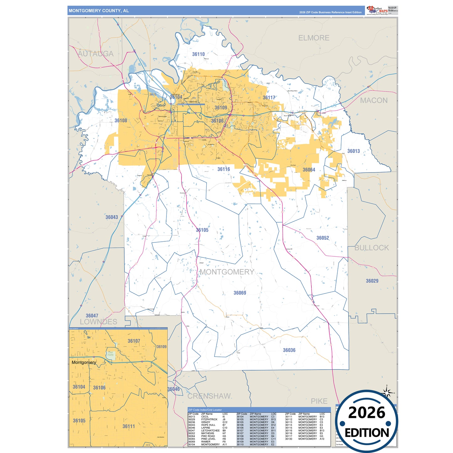 Montgomery County, AL Business Reference 5 Digit ZIP Code Wall Map