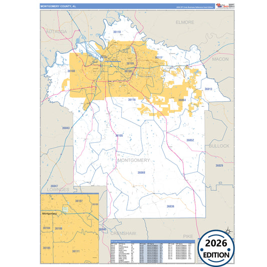 Montgomery County, AL Business Reference 5 Digit ZIP Code Wall Map