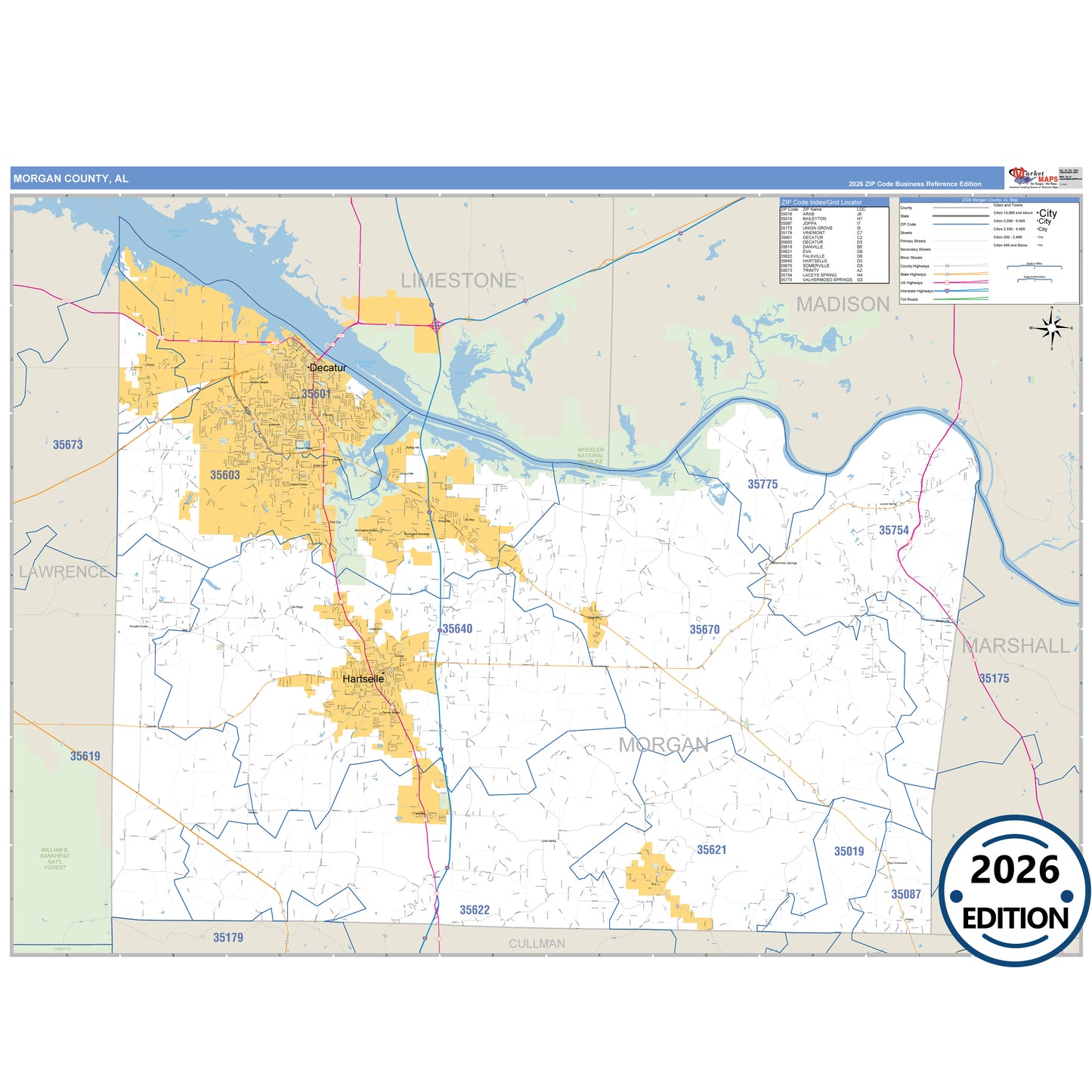 Morgan County, AL Business Reference 5 Digit ZIP Code Wall Map