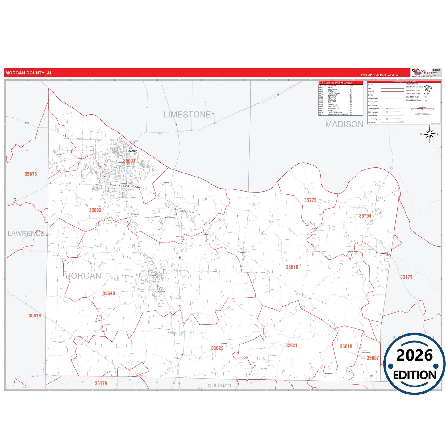 Morgan County, AL Red Line 5 Digit ZIP Code Wall Map