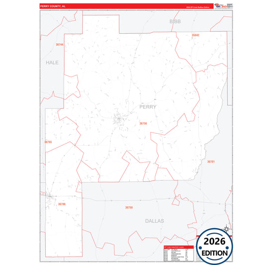 Perry County, AL Red Line 5 Digit ZIP Code Wall Map
