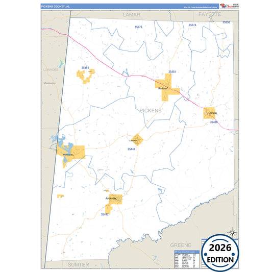 Pickens County, AL Business Reference 5 Digit ZIP Code Wall Map