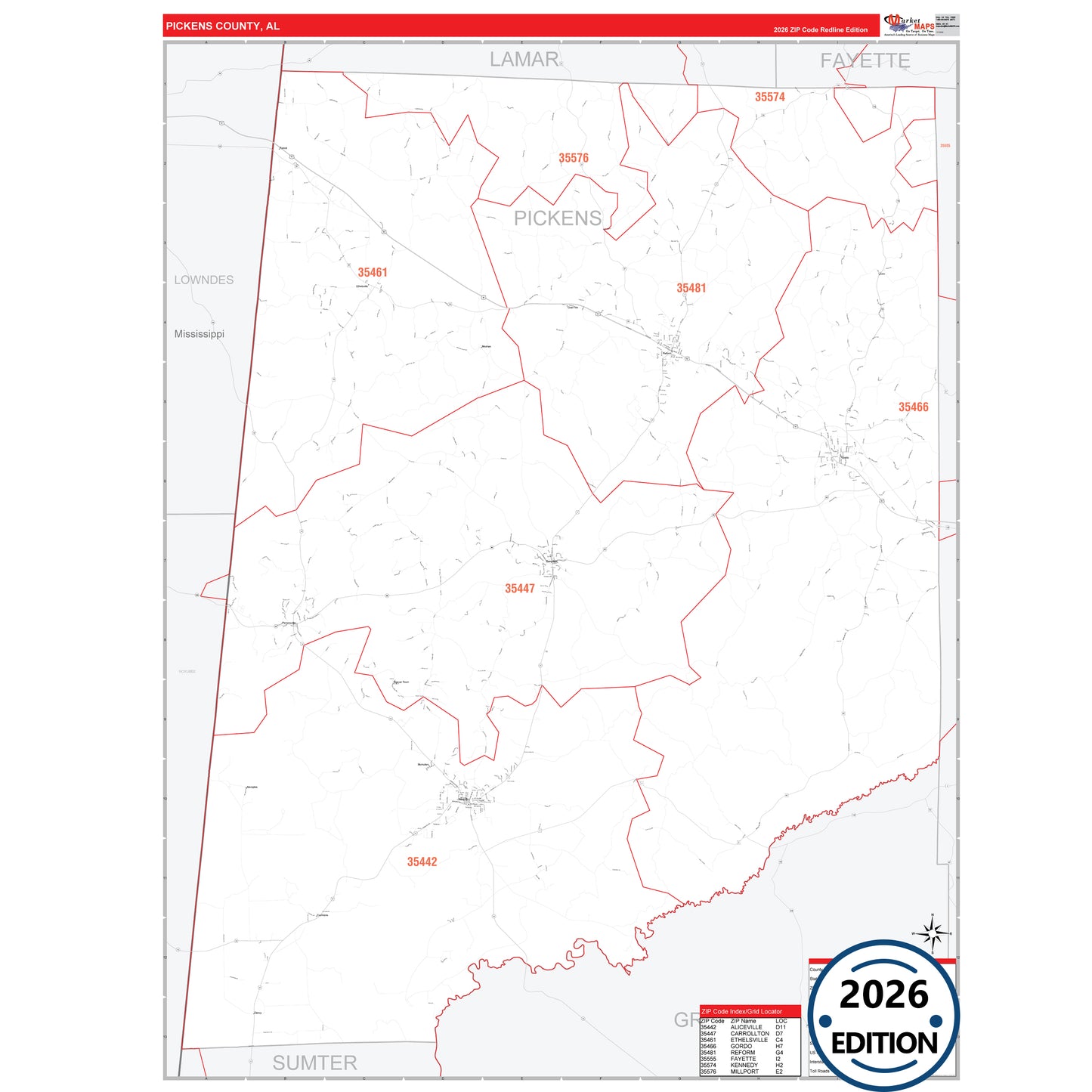 Pickens County, AL Red Line 5 Digit ZIP Code Wall Map