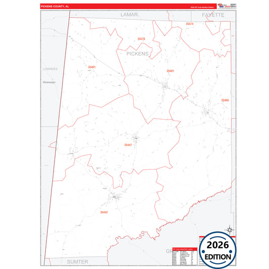 Pickens County, AL Red Line 5 Digit ZIP Code Wall Map