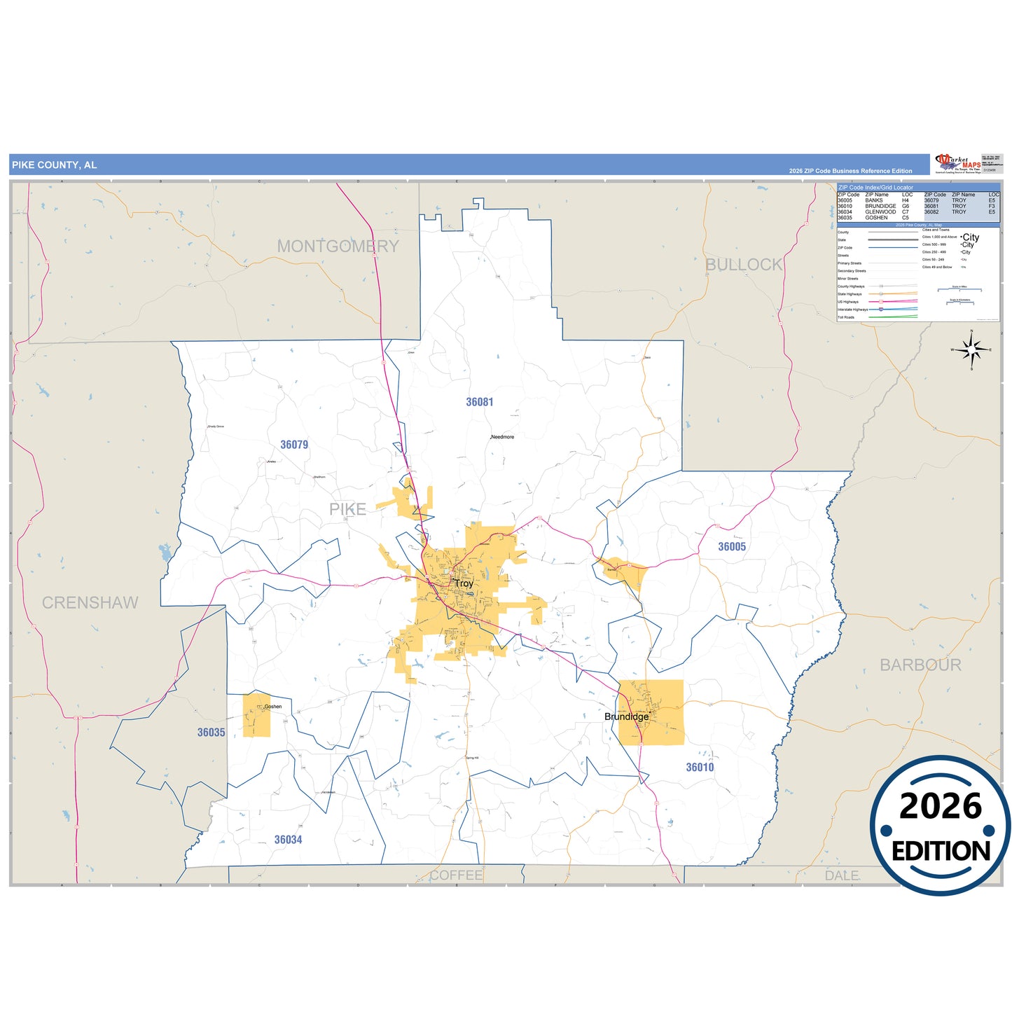 Pike County, AL Business Reference 5 Digit ZIP Code Wall Map