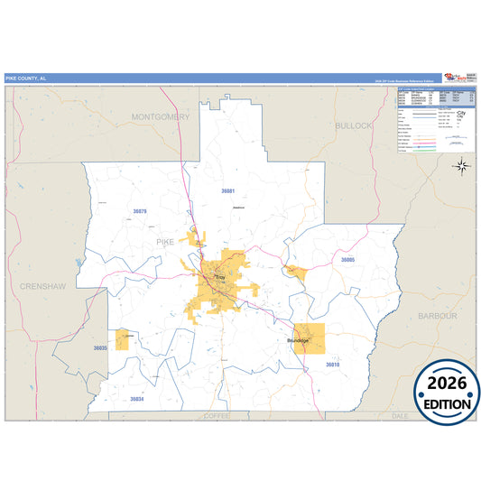 Pike County, AL Business Reference 5 Digit ZIP Code Wall Map