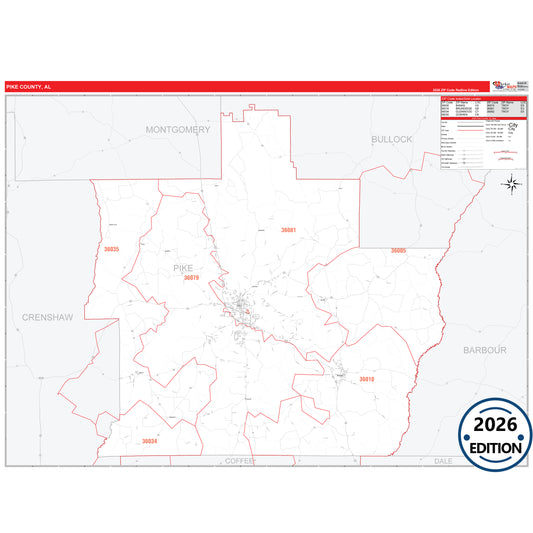 Pike County, AL Red Line 5 Digit ZIP Code Wall Map