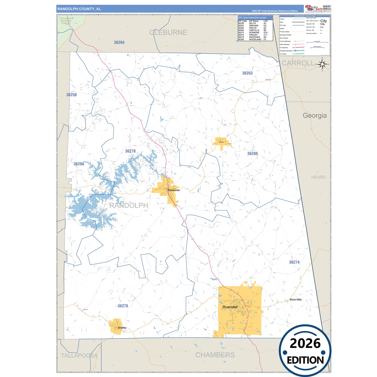 Randolph County, AL Business Reference 5 Digit ZIP Code Wall Map