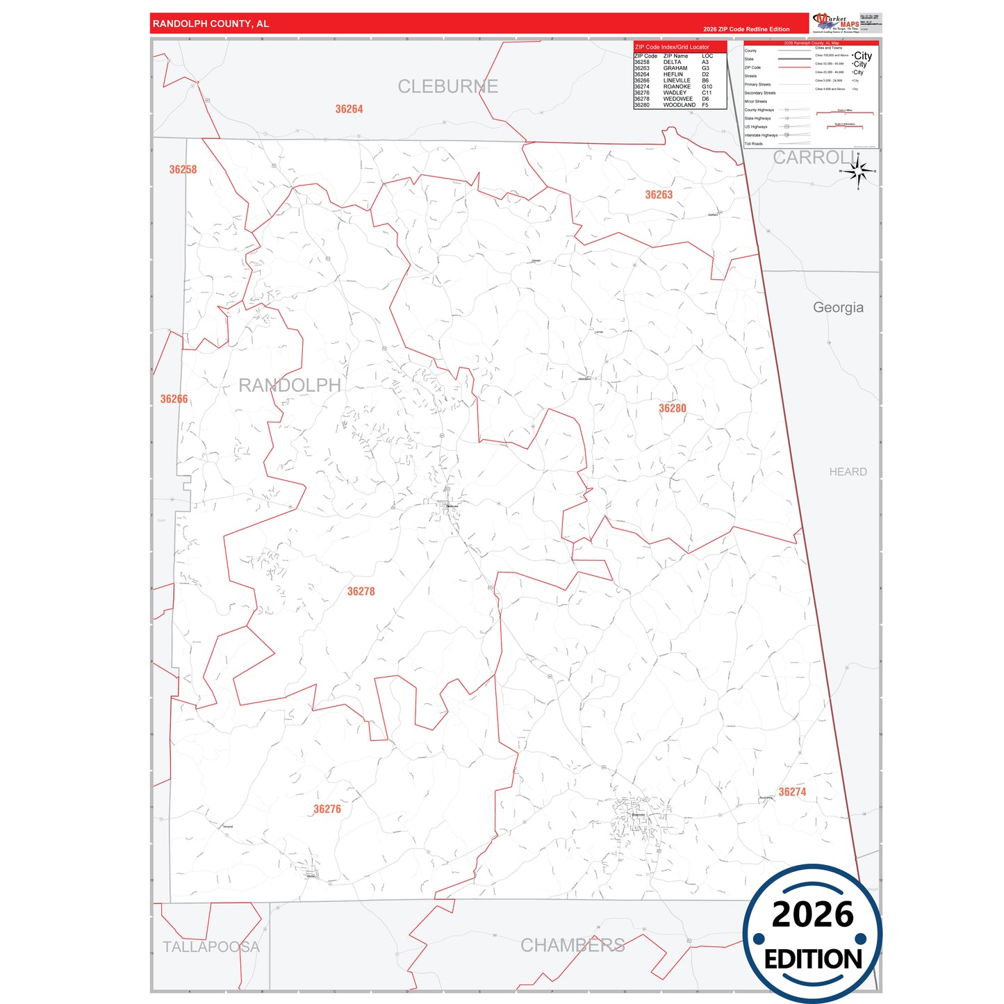 Randolph County, AL Red Line 5 Digit ZIP Code Wall Map