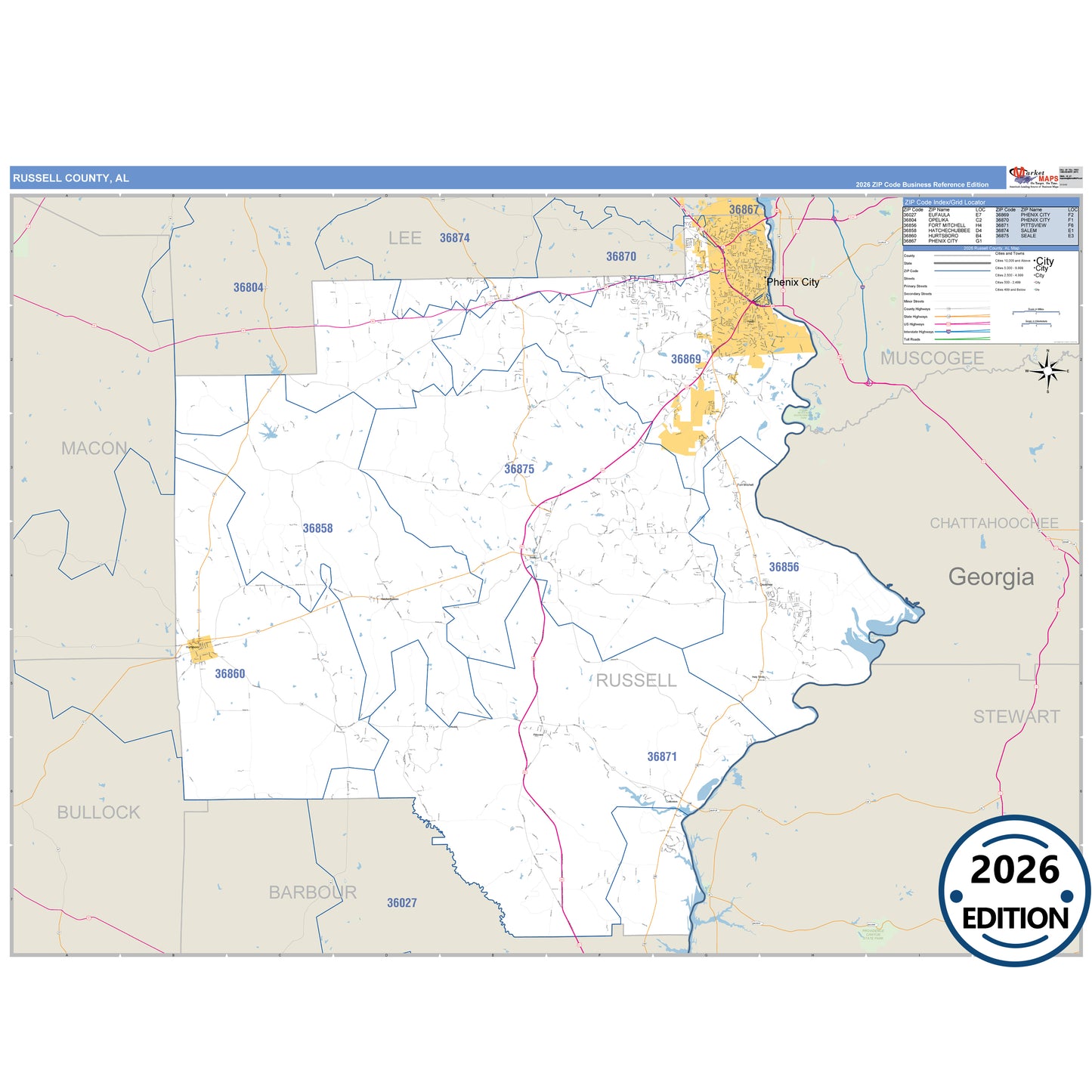 Russell County, AL Business Reference 5 Digit ZIP Code Wall Map