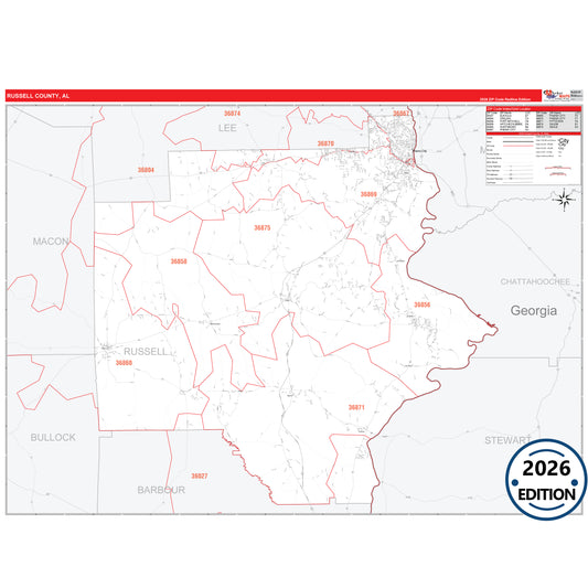 Russell County, AL Red Line 5 Digit ZIP Code Wall Map