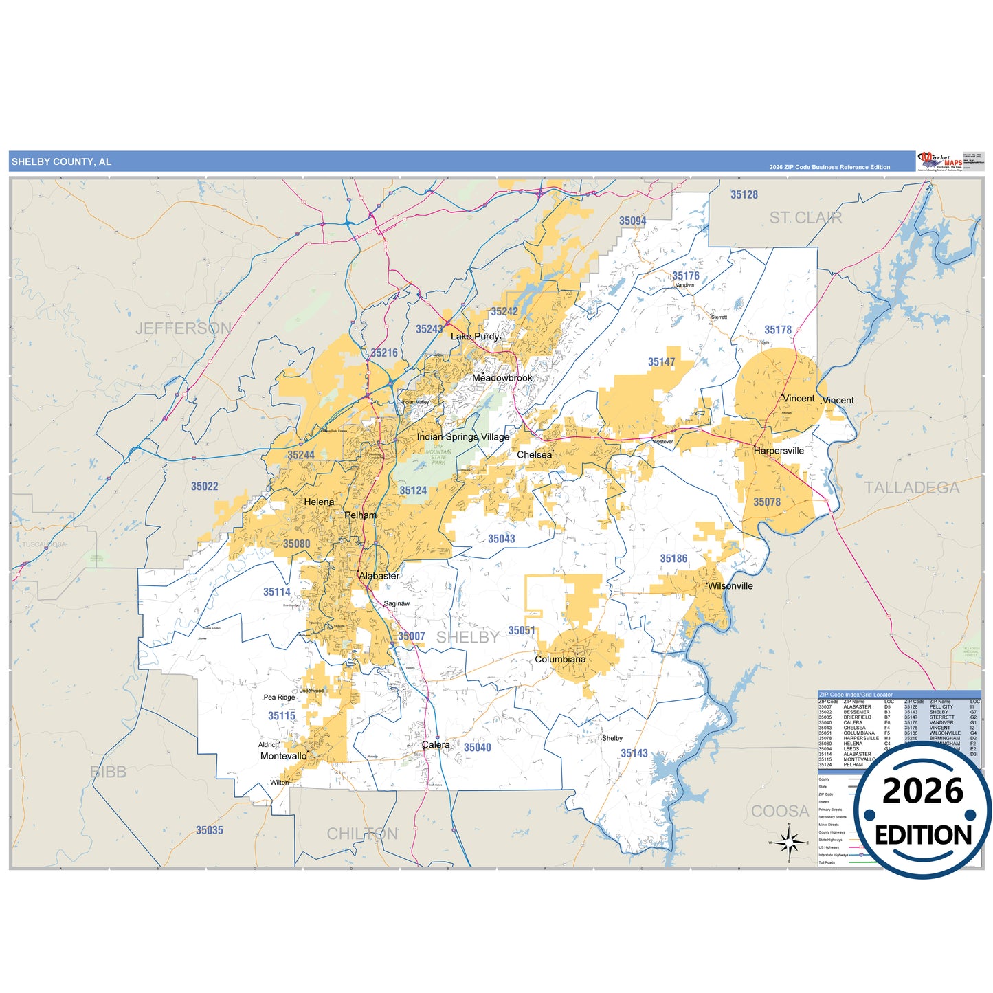 Shelby County, AL Business Reference 5 Digit ZIP Code Wall Map