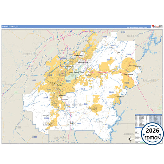 Shelby County, AL Business Reference 5 Digit ZIP Code Wall Map
