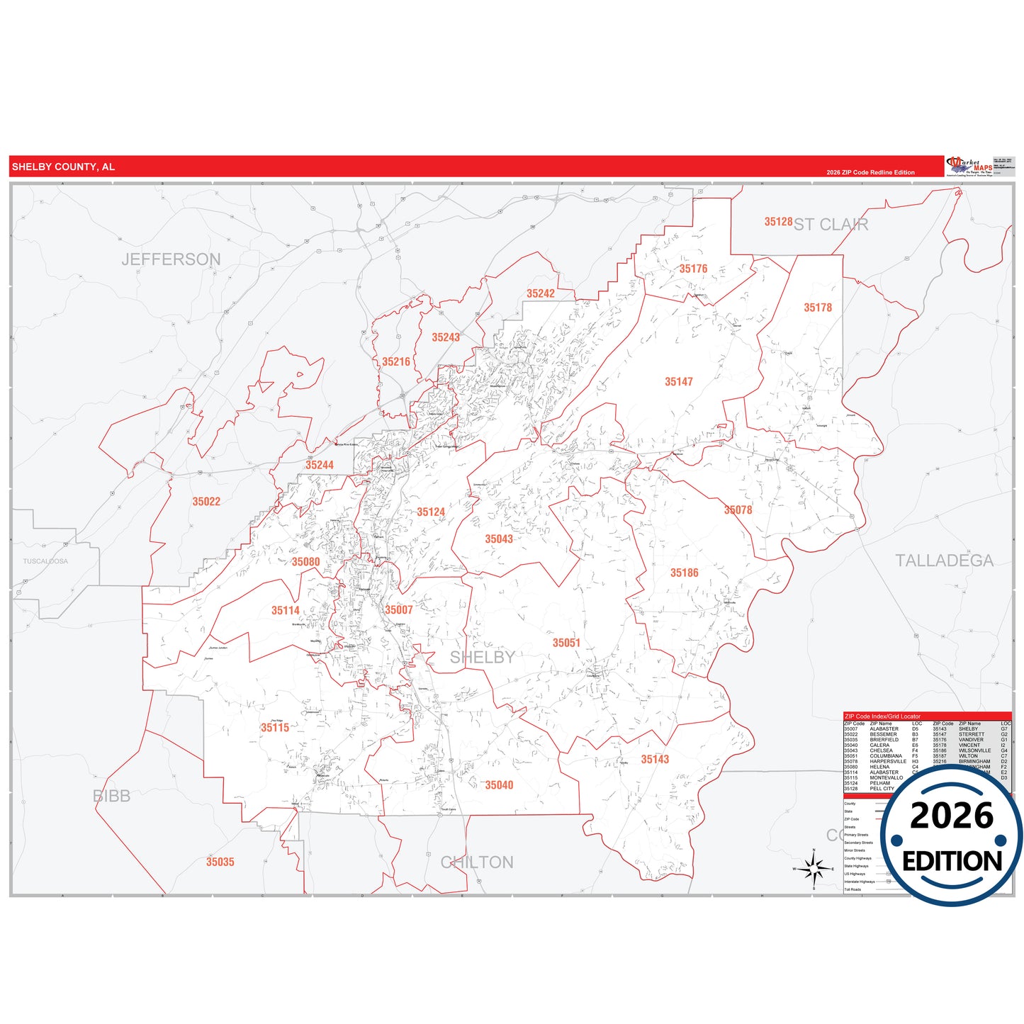 Shelby County, AL Red Line 5 Digit ZIP Code Wall Map
