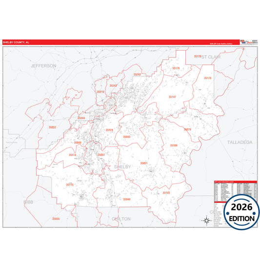Shelby County, AL Red Line 5 Digit ZIP Code Wall Map