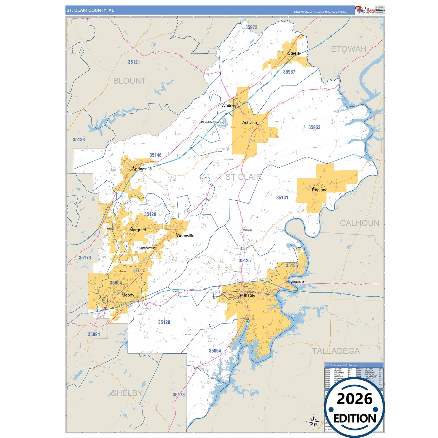 St. Clair County, AL Business Reference 5 Digit ZIP Code Wall Map