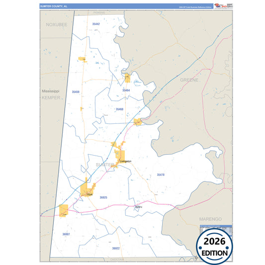 Sumter County, AL Business Reference 5 Digit ZIP Code Wall Map