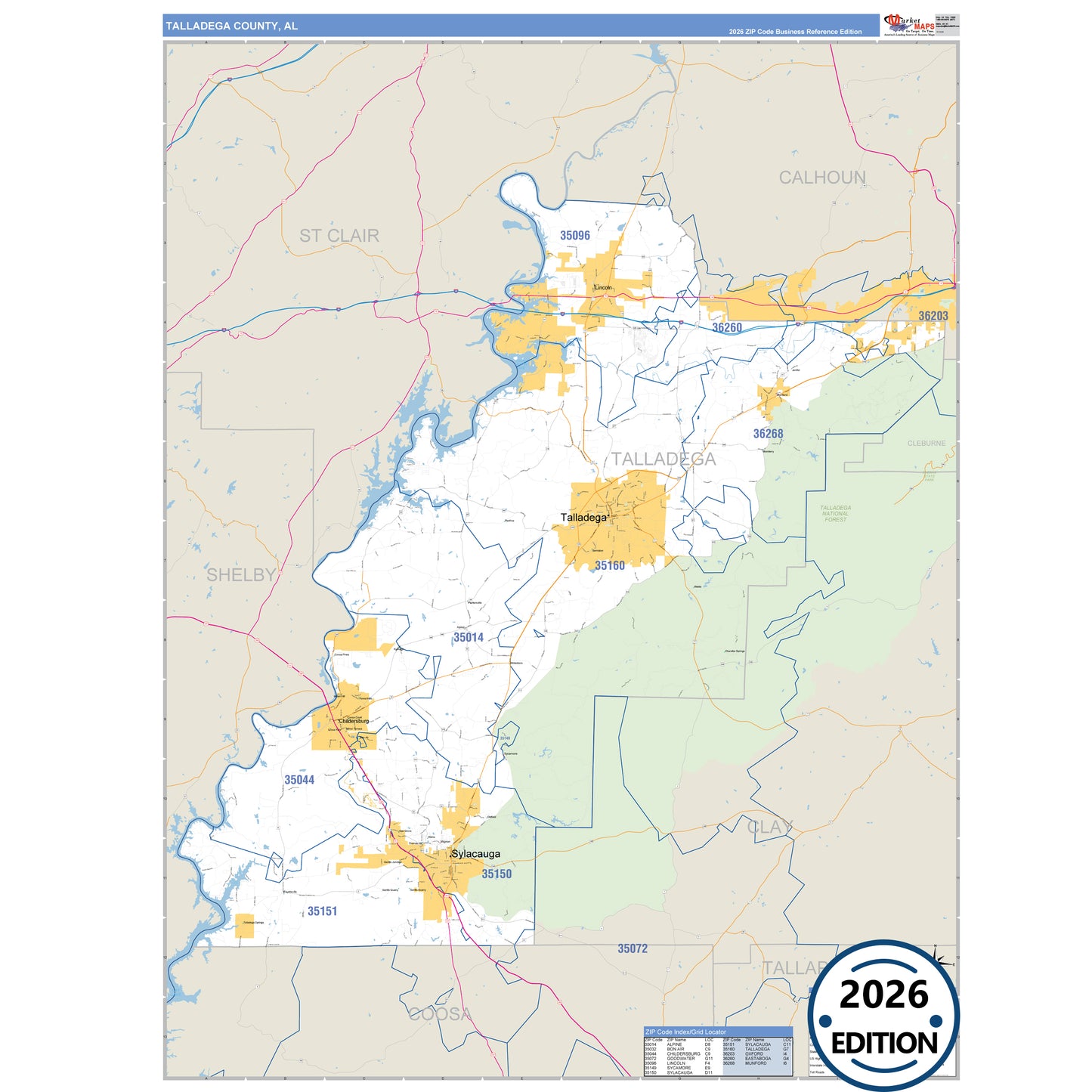 Talladega County, AL Business Reference 5 Digit ZIP Code Wall Map