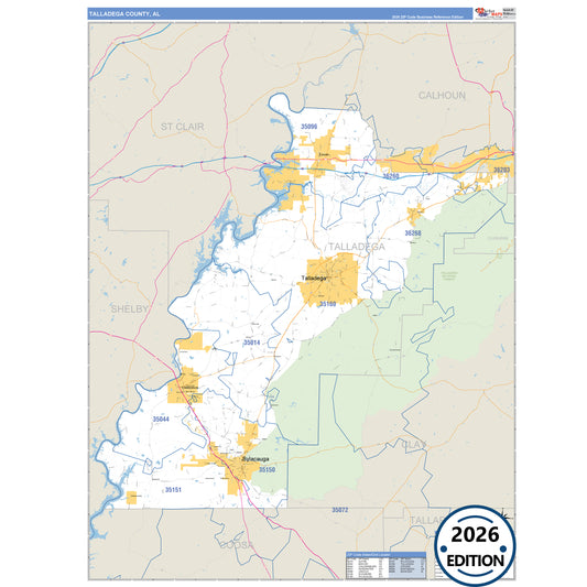 Talladega County, AL Business Reference 5 Digit ZIP Code Wall Map